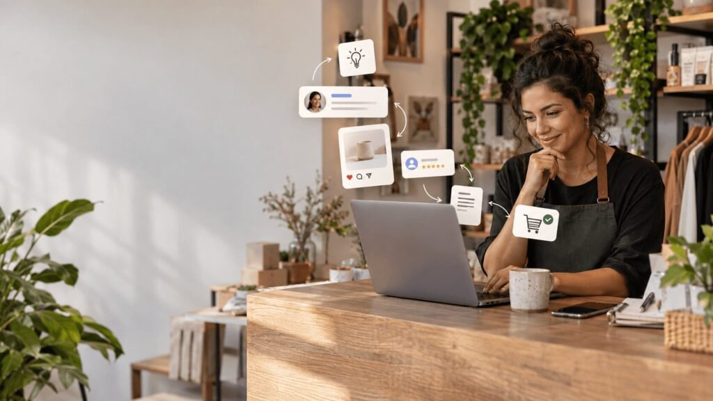 Analisei o artigo. A ideia central não é “IA futurista”, mas IA prática aplicada ao cotidiano da pequena empresa WhatsApp, Instagram, atendimento, conteúdo, posicionamento